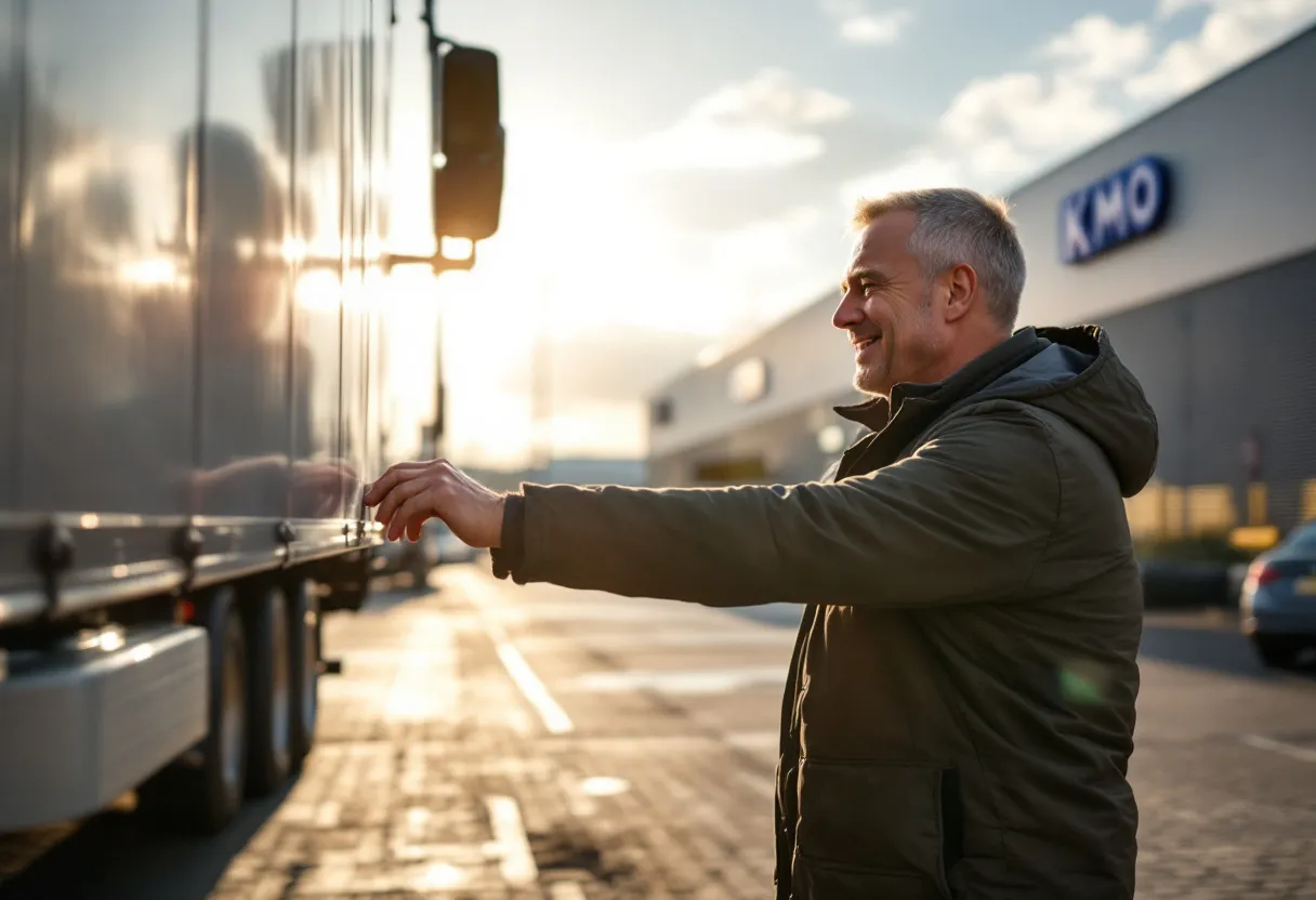 Een ondernemer met een ontspannen glimlach overhandigt de sleutels van een zilveren bestelwagen aan een professionele opkoper, terwijl de zon schijnt op de parkeerplaats van een KMO-gebouw in Vlaanderen.