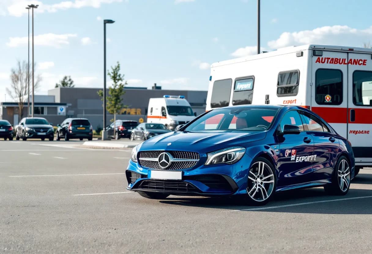 Een glimmende blauwe tweedehands auto geparkeerd op een zonovergoten parkeerplaats naast een oprijwagen van een autoambulance, met een exportsticker op de voorruit, wachtend om naar het buitenland te worden vervoerd.
