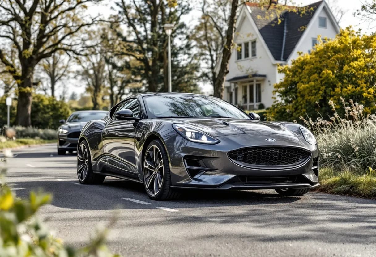 Een stijlvolle grijze Ford Puma staat op een zonnige oprit, de eigenaar overhandigt de autosleutels aan een glimlachende opkoper, terwijl op de achtergrond een andere auto wordt opgehaald.