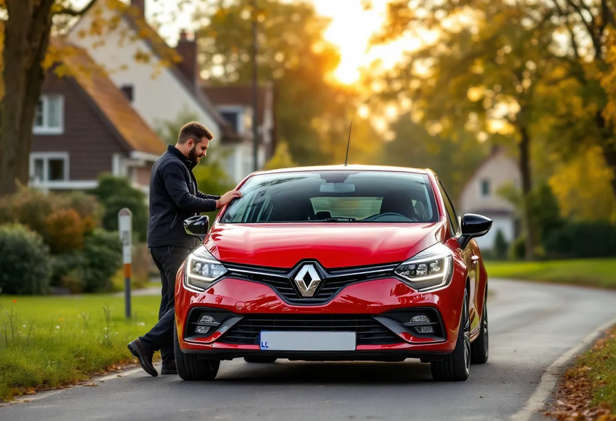 Een vriendelijke en deskundige autotaxateur bekijkt een rode Renault Clio op een oprit, terwijl de eigenaar tevreden toekijkt. Op de achtergrond een typische Belgische woonwijk met bomen en een heldere hemel. Alles ademt vertrouwen en eenvoud.