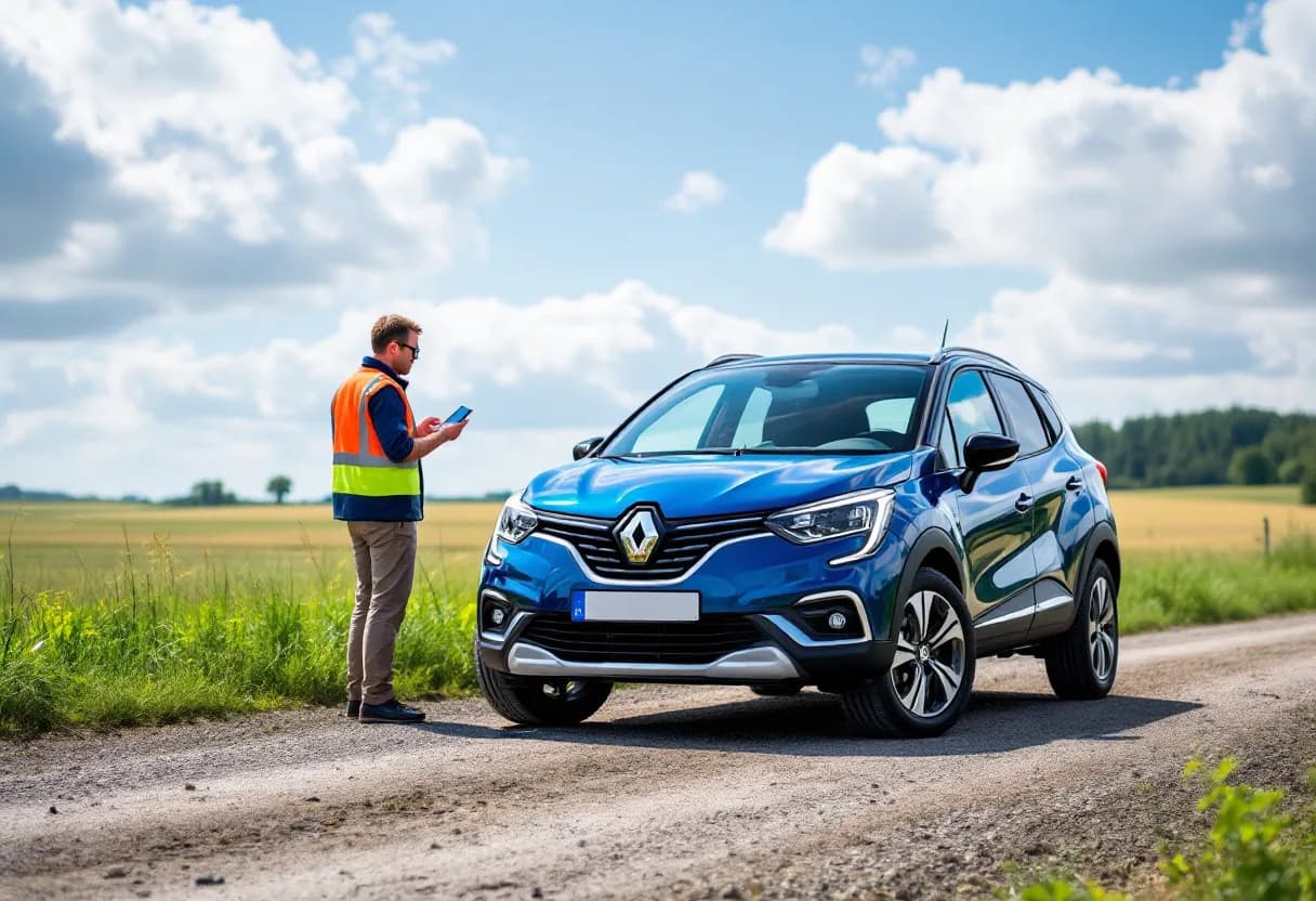 Een glanzende blauwe Renault Captur op een zonnige oprit in een Belgische voorstad, terwijl een vriendelijke inspecteur met een klembord met de eigenaar overlegt.