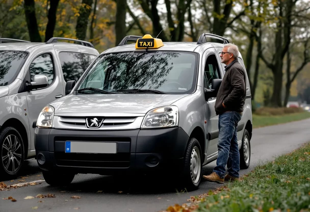 Een zilverkleurige Peugeot Partner bestelwagen staat geparkeerd op een oprit in België, met een klembord op de motorkap dat een taxatieformulier toont, terwijl de eigenaar rustig kijkt.