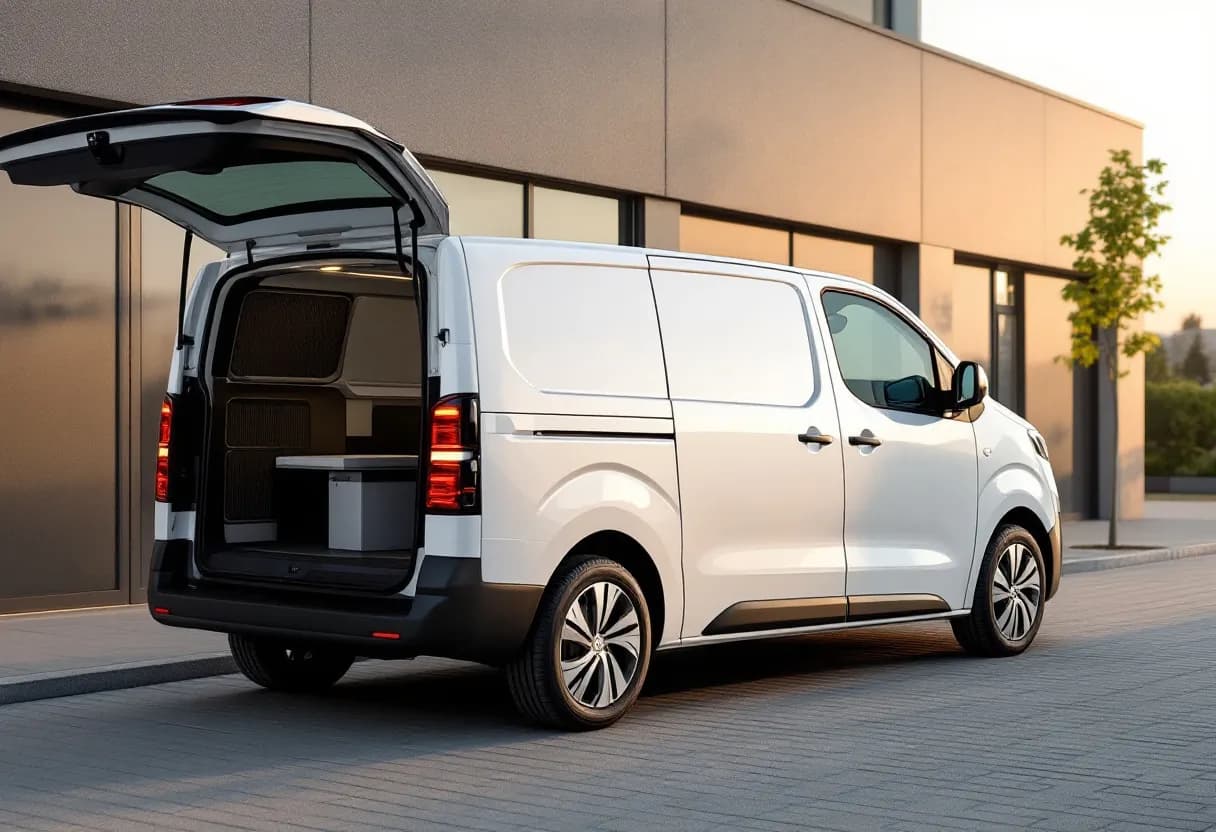 Een vuilwitte Peugeot Expert bestelwagen uit 2018 met geopende achterdeuren en lichte gebruikssporen, geparkeerd op een betonnen oprit voor een moderne loods met rolluiken.
