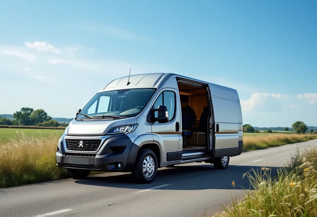 Een zilvergrijze Peugeot Boxer bestelwagen met open laaddeuren staat op een rustige Vlaamse kasseiweg, met in de verte een kerktoren en helderblauwe lucht, klaar voor een nieuwe eigenaar.