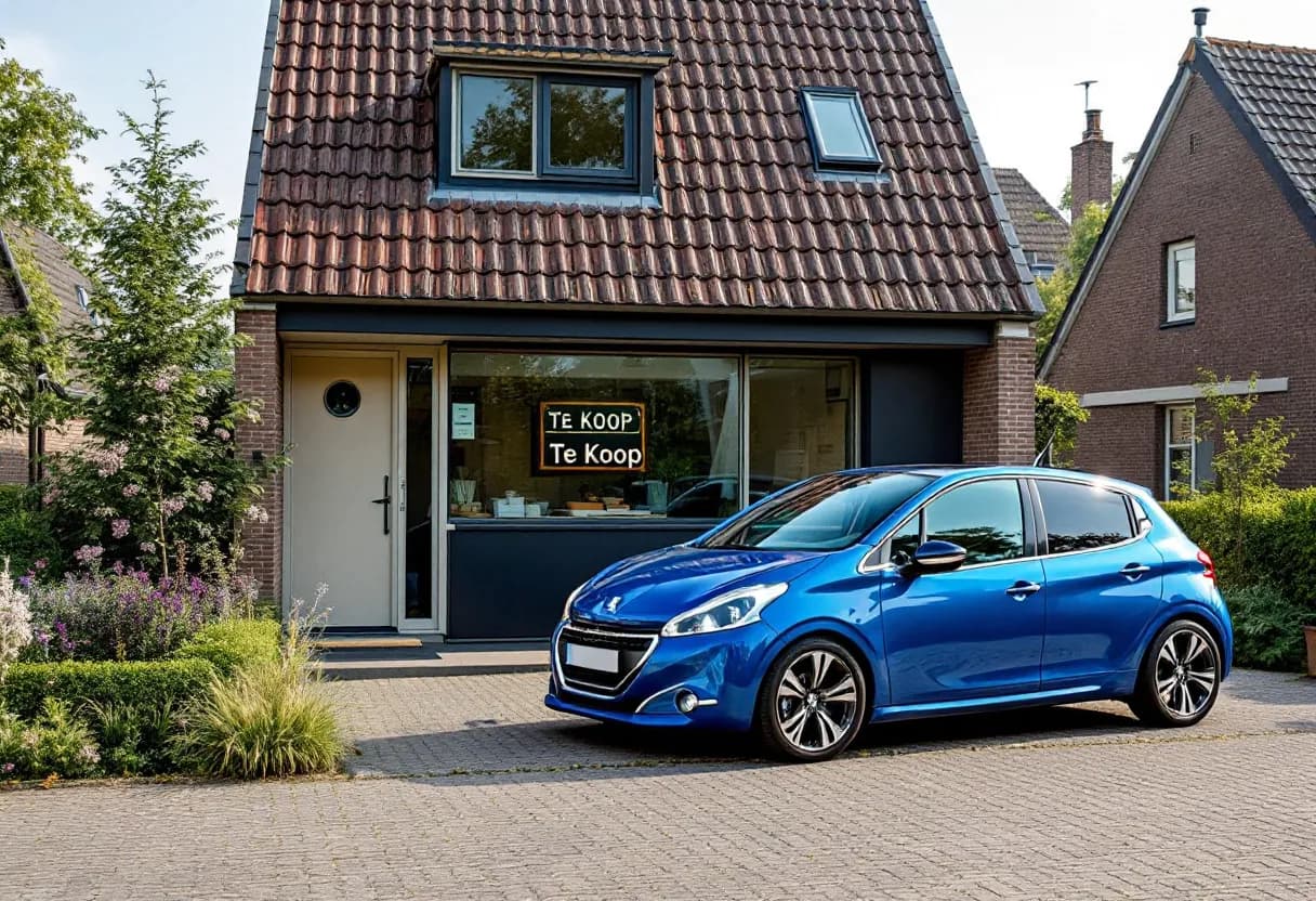 Een strakke Peugeot 208 in blauwe lak geparkeerd voor een modern huis met een 'Te Koop'-bordje op de voorruit, heldere zomerdag in een Vlaamse woonwijk.