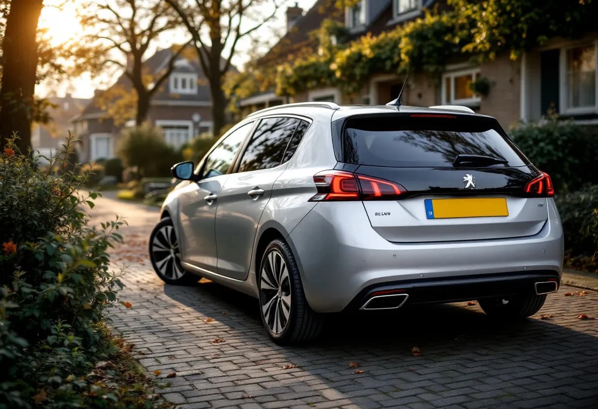 Een zilveren Peugeot 308 hatchback met Belgisch kenteken staat op een oprit in een rustige Vlaamse woonwijk, klaar om verkocht te worden.