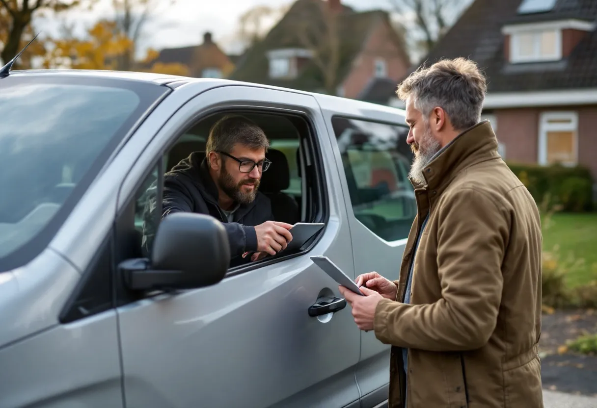 Een zilveren Opel Combo Cargo bestelwagen staat op een oprit in een Vlaamse woonwijk, de eigenaar geeft de sleutels aan een opkoper terwijl een tablet met een waardebepalingsformulier op de motorkap ligt.