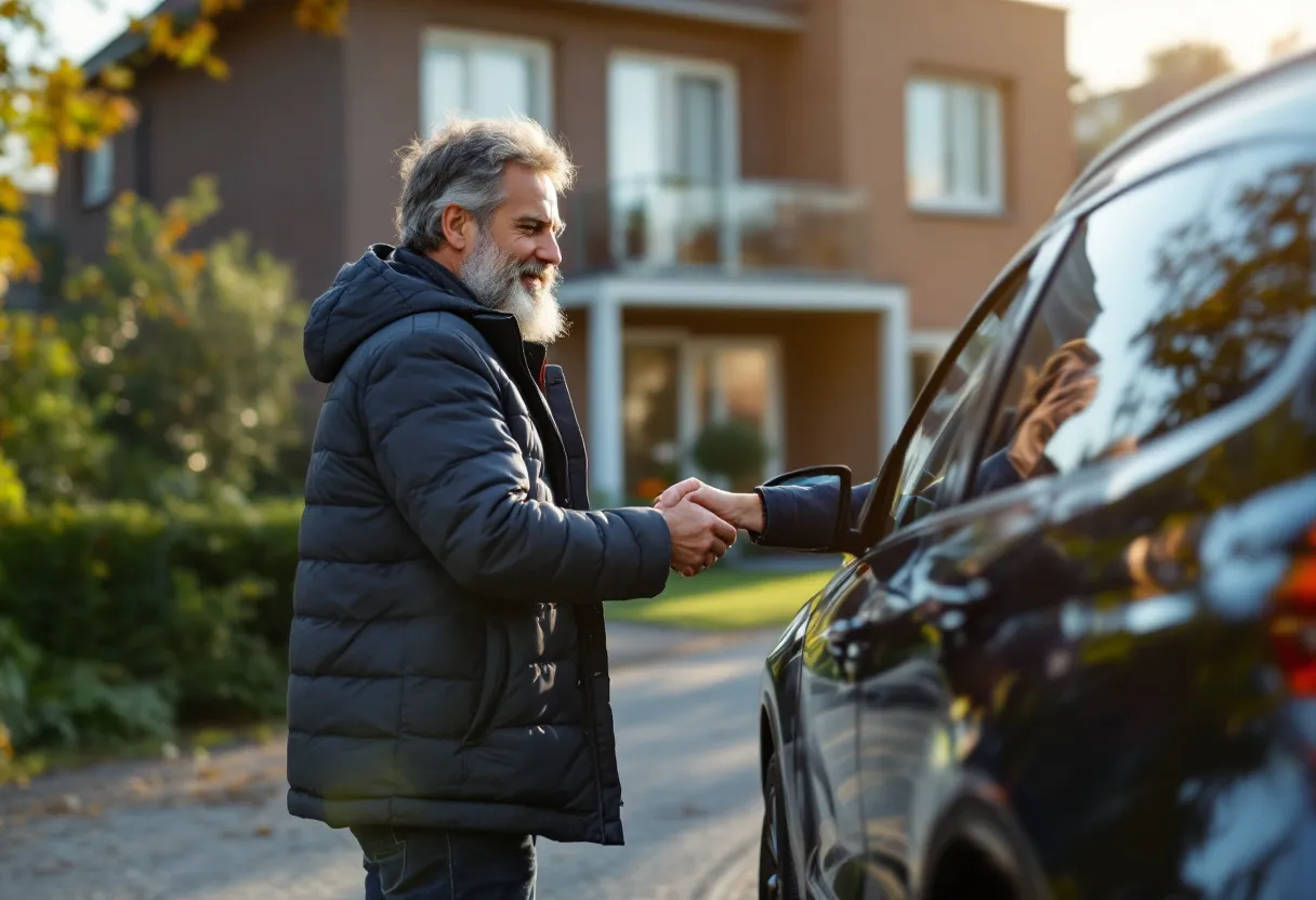 Een tevreden autobezitter overhandigt de contactsleutel van een glanzende zwarte SUV aan een vriendelijke opkoper voor een rustig Vlaams huis met oprit in de ochtendzon