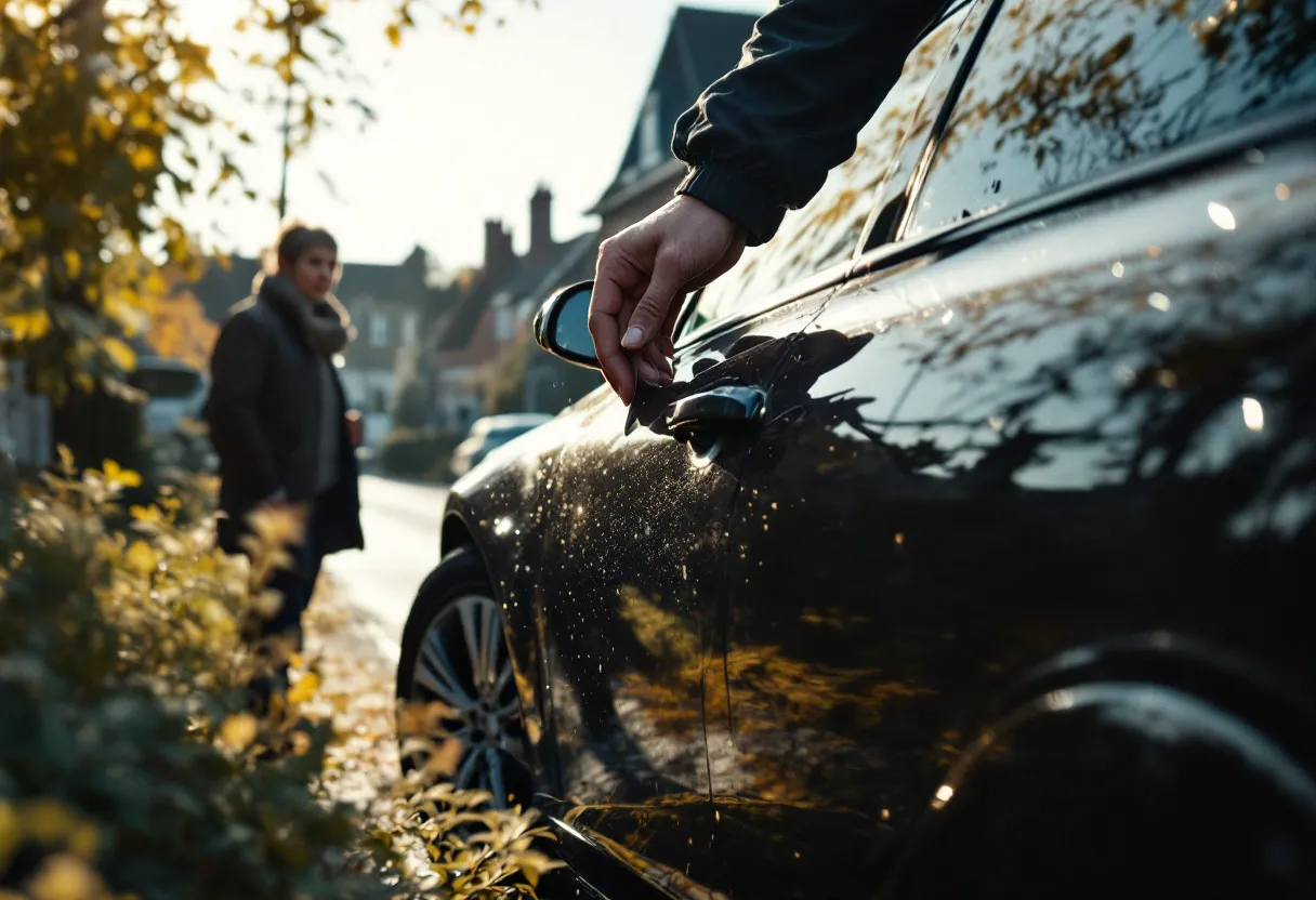 Een hand reikt een autosleutel aan boven een glimmende wagen op een oprit in een rustige Belgische woonwijk, terwijl een glimlachende eigenaar toekijkt.