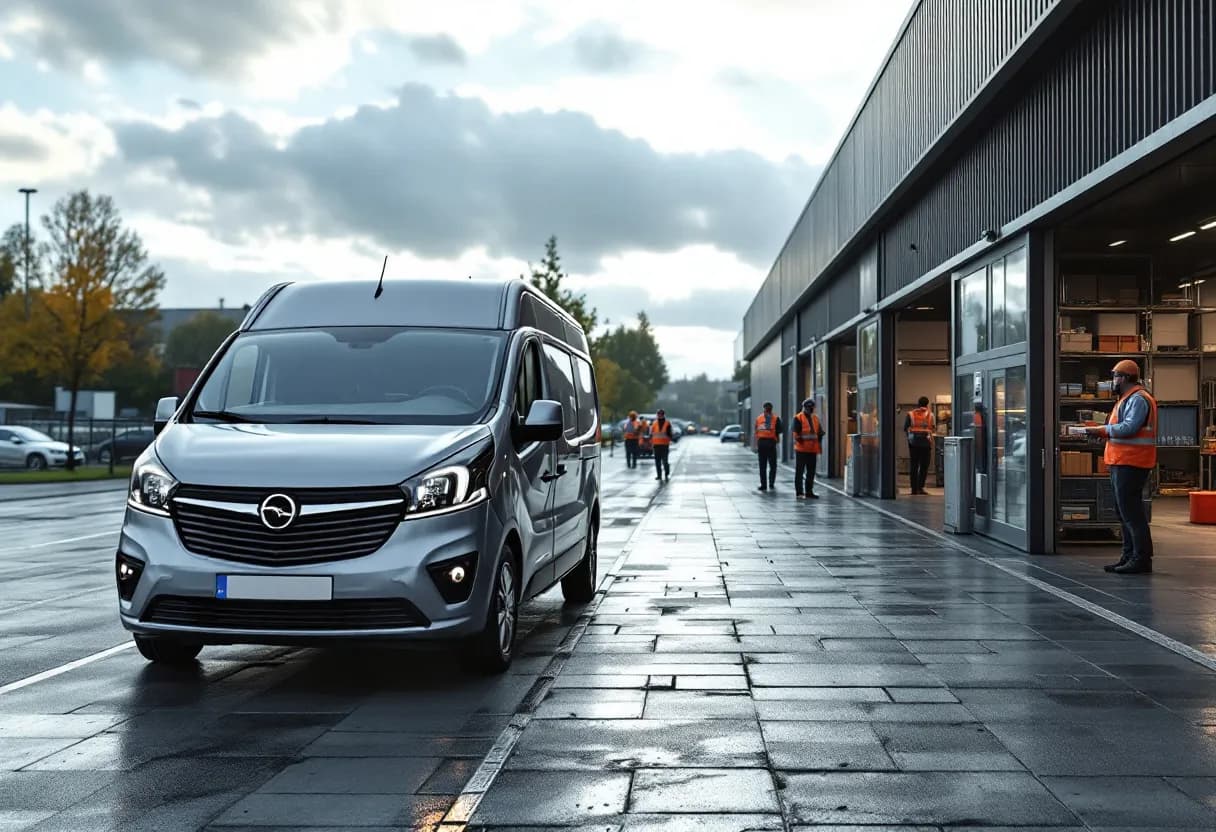 Een grijze Opel Vivaro bestelwagen staat geparkeerd voor een modern laadstation met werknemers die dozen inladen, op de achtergrond een Vlaamse industriewijk onder een heldere middaghemel.
