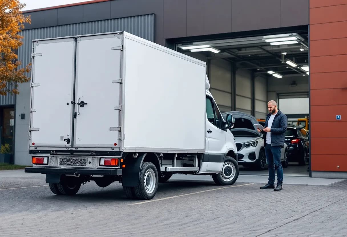 Een witte bestelwagen met gesloten laadbak staat op een kasseiweg voor een moderne garage in België, met een vriendelijke expert die een tablet toont en de auto bekijkt.