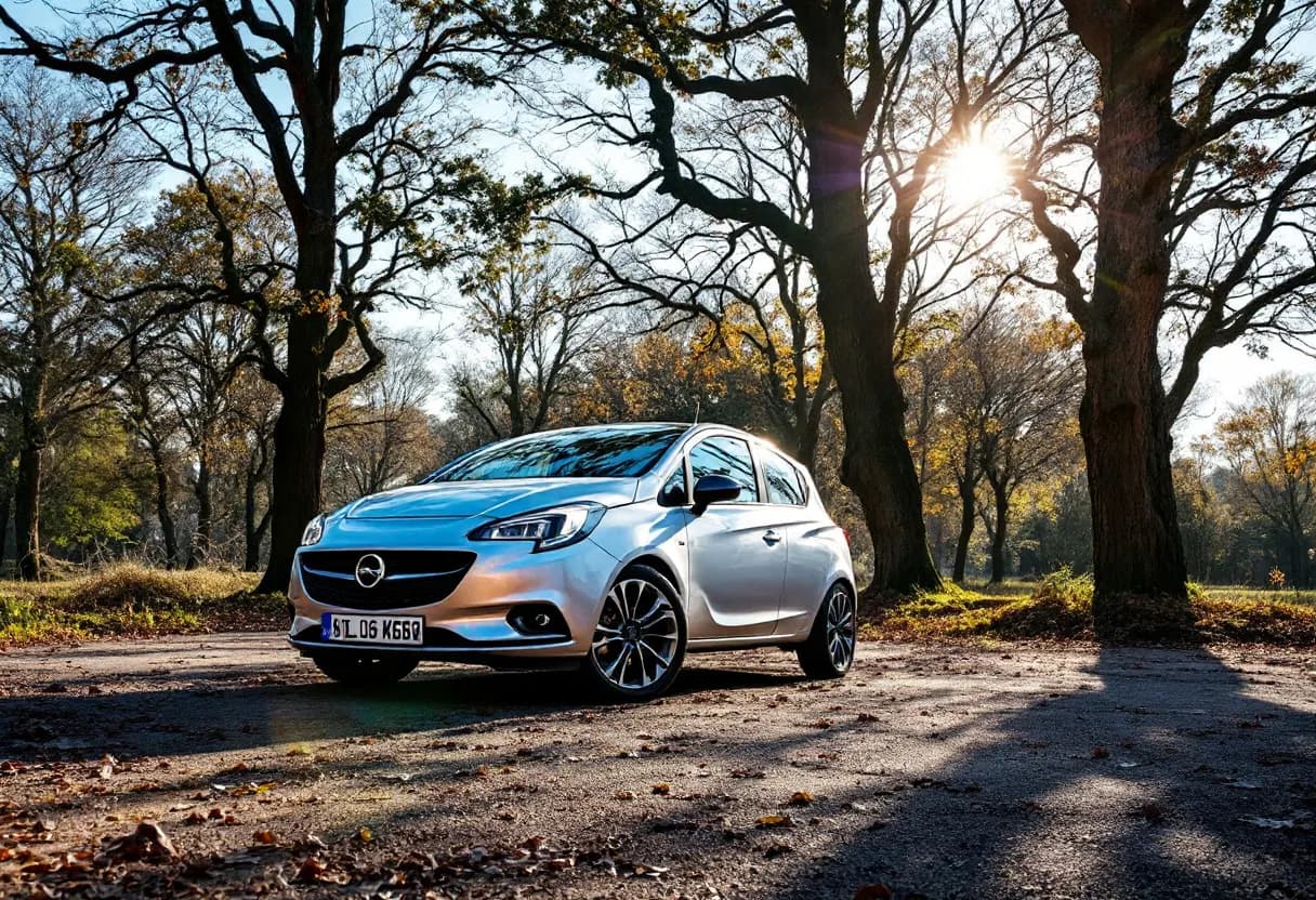 Een zilverkleurige Opel Corsa staat op een rustige parkeerplaats tussen bomen, met een weerspiegeling van de blauwe lucht en de zon die door de bladeren schijnt, klaar voor verkoop.