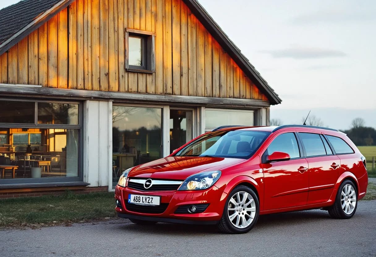 Een rode Opel Astra Sports Tourer geparkeerd op een typisch Belgische kasseistrook, met een weerspiegeling van een oude boerderij in de lak.