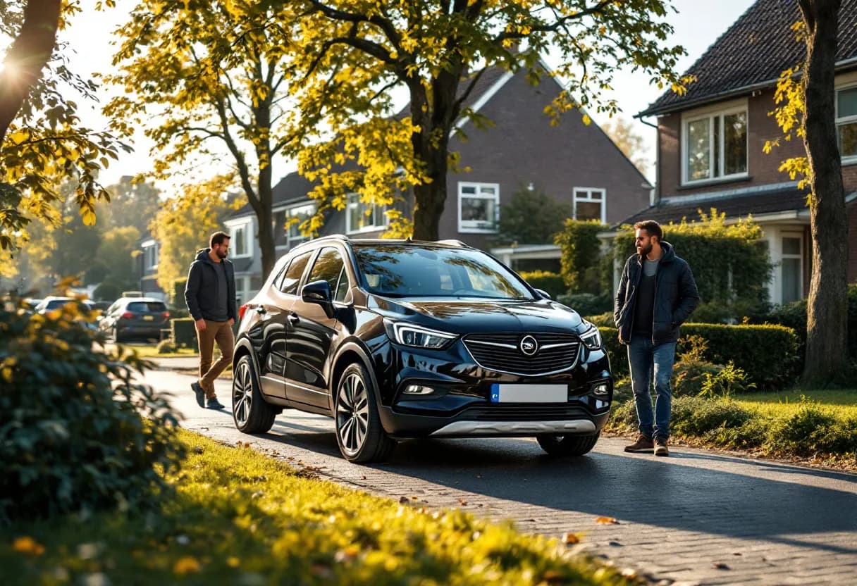 Een fotorealistische foto van een zwarte Opel Mokka op een zonnige oprit in een Belgische woonwijk, terwijl een auto-opkoper de wagen taxeert.