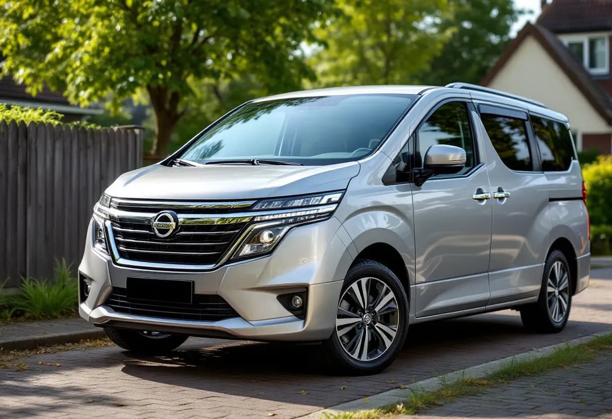 Een Nissan Townstar bestelwagen in zilvergrijs staat geparkeerd op een zonnige oprit in een Vlaamse woonwijk, klaar om opgehaald te worden door een professionele auto-opkoper.