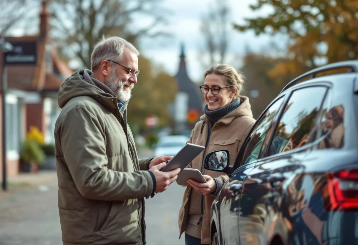 Een eigenaar overhandigt glimlachend de contactsleutel van zijn stationwagen aan een opkoper met tablet in de hand, op een oprit van een rijhuis in een Vlaamse gemeente. Achter hen staat een markante auto-opkoper bestelwagen zonder specifieke logo’s klaar om de auto te laden.
