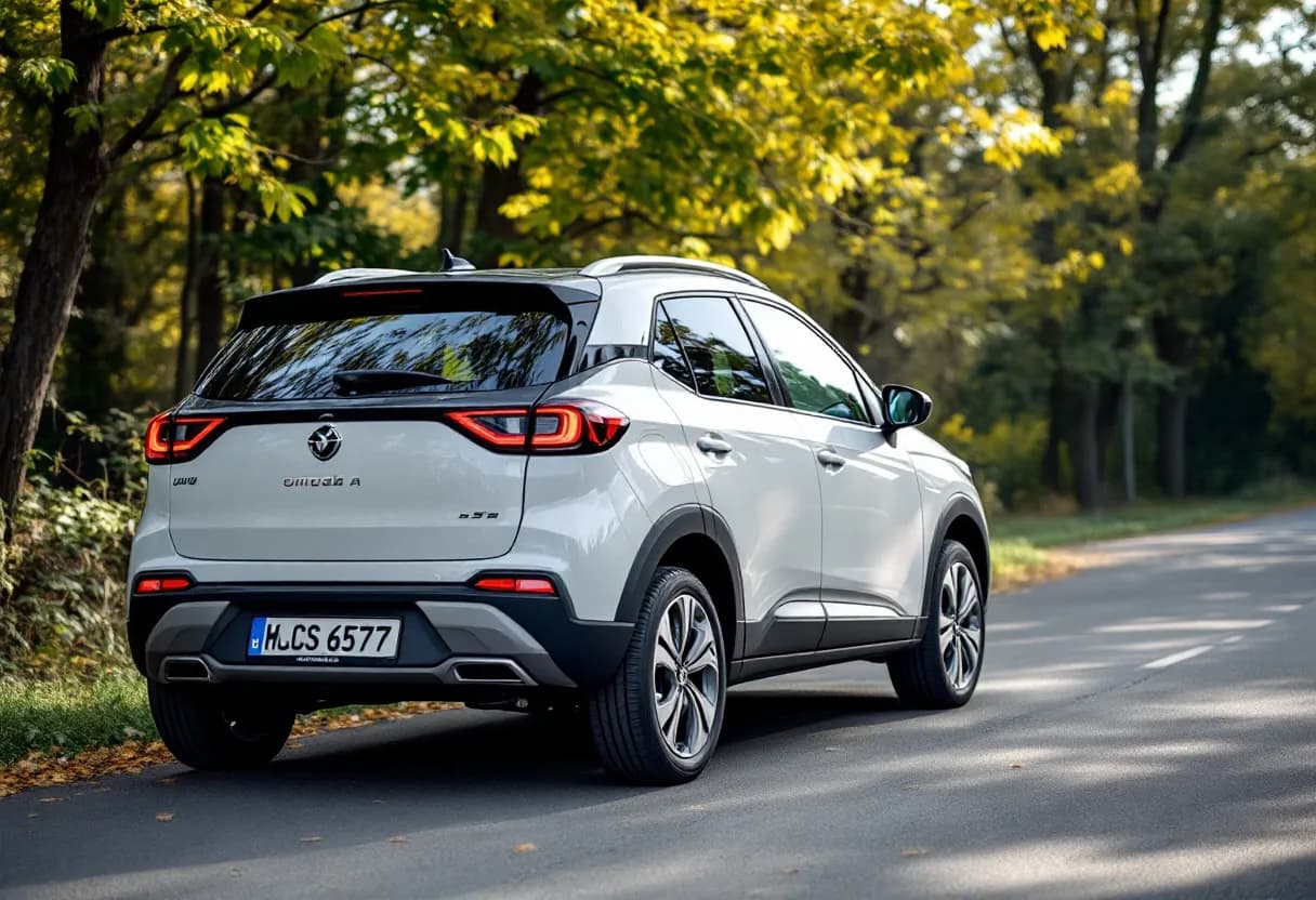 Een witte Omoda 5 compacte SUV geparkeerd op een landelijke weg in België, met herfstbladeren op de achtergrond en een glimlachende eigenaar die de autosleutel vasthoudt.