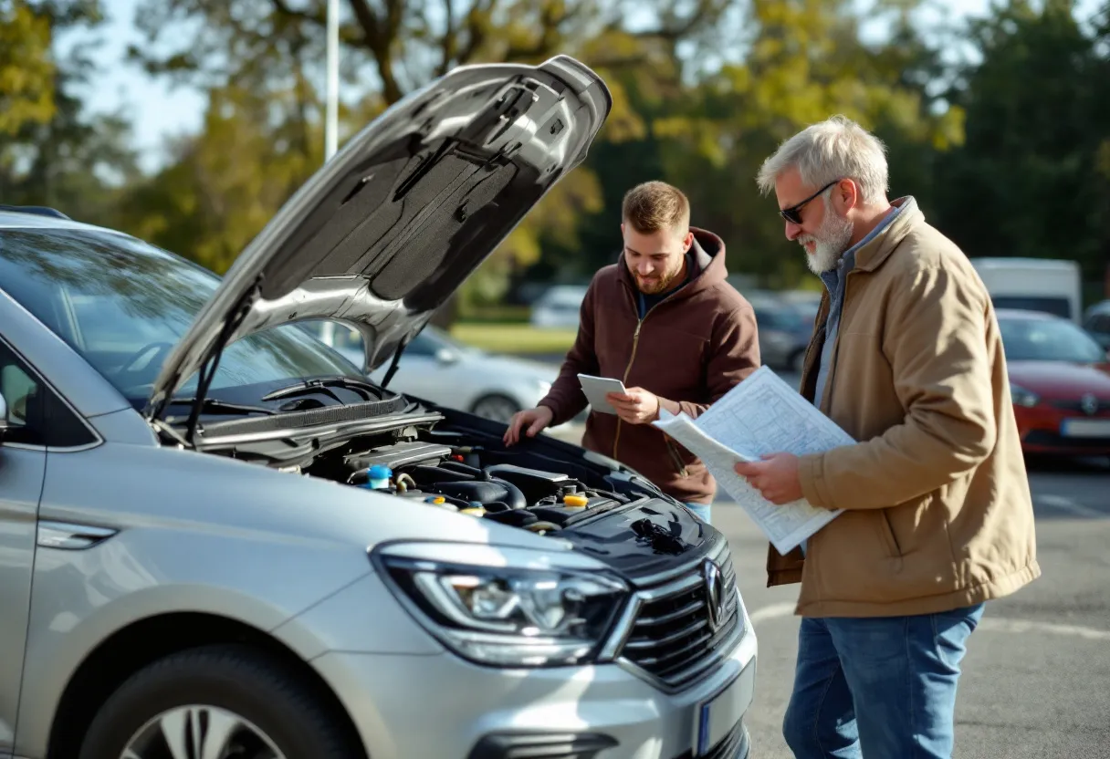 Een jonge man bekijkt aandachtig de motor van een zilveren tweedehands auto op een zonovergoten parkeerplaats, terwijl de verkoper erbij staat met een map documenten.