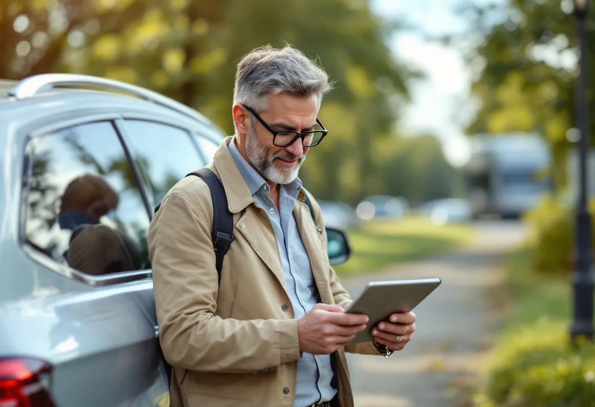 Een man van middelbare leeftijd met een tevreden glimlach staat naast zijn glanzend zilveren auto op een zonnige oprit, terwijl hij op zijn tablet een waardebepalingsrapport bekijkt met een concreet bod.