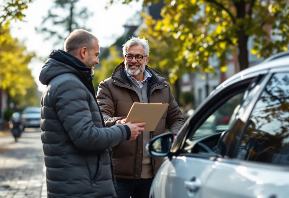 Een fotorealistische afbeelding van een Belgische autoverkoper die een envelop met een bod overhandigt aan een tevreden autobezitter, met op de achtergrond een typische Vlaamse straat en een te verkopen auto.