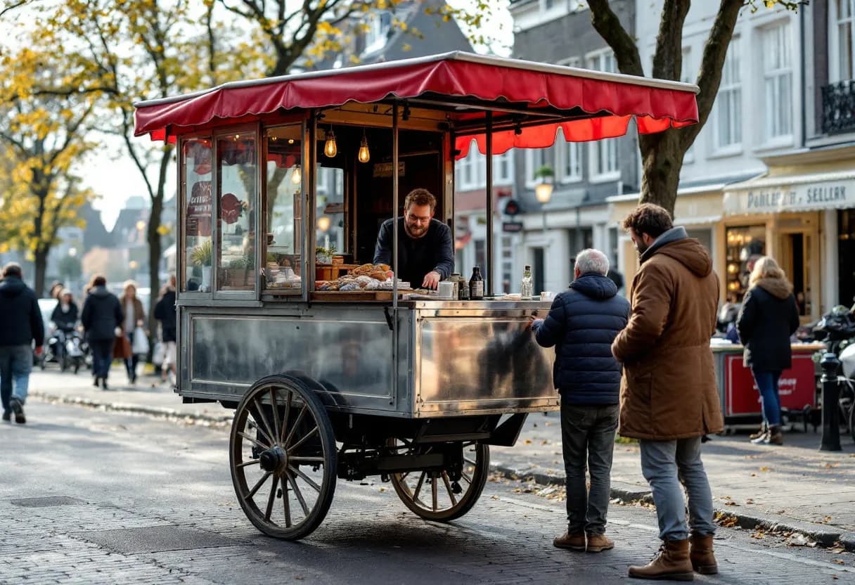 Een zilverkleurige bestelwagen met open laadklep op een zonnige kasseienstraat in een Vlaamse stad, de verkoper geeft de sleutels aan een opkoper.