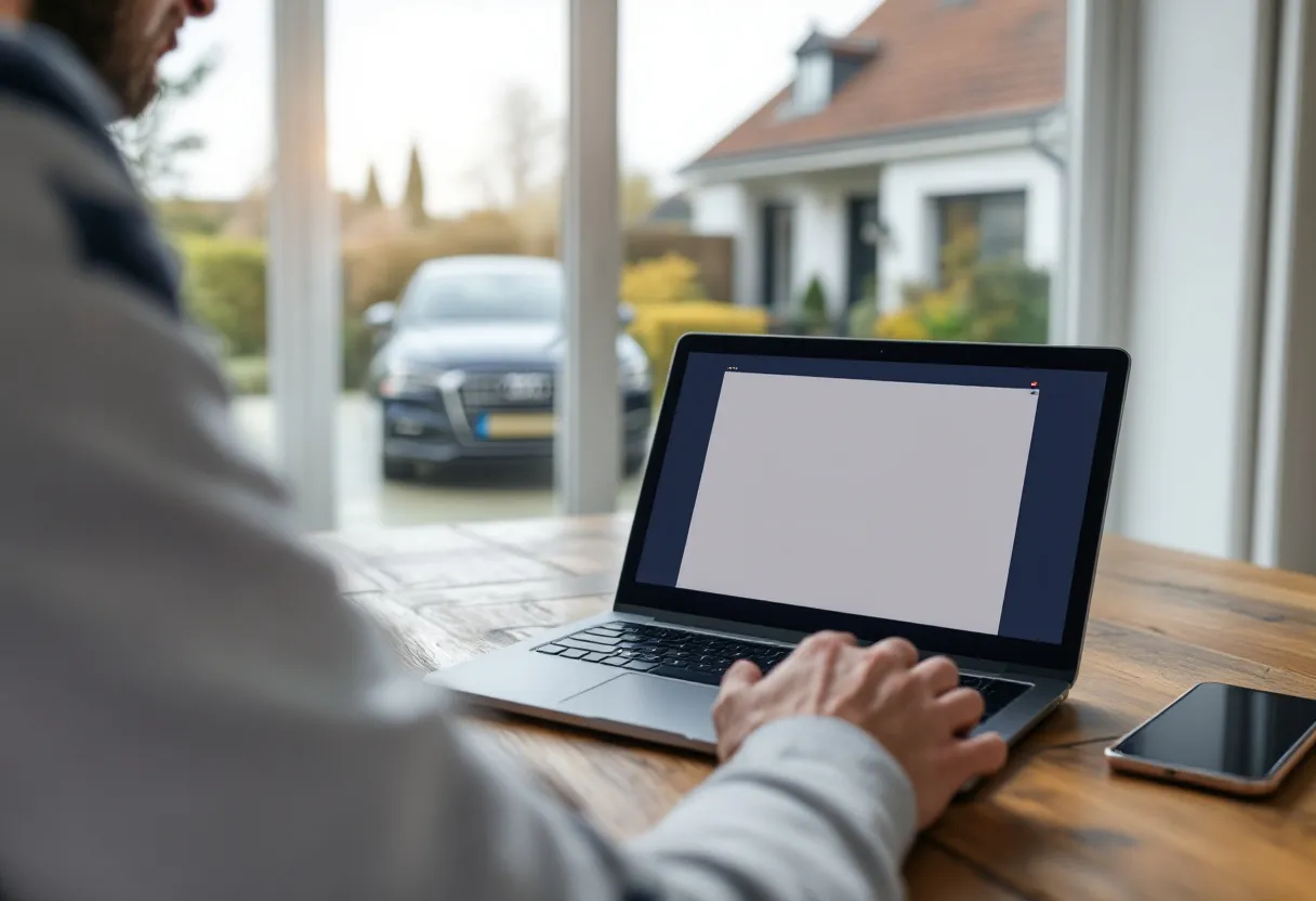 Een persoon zit aan een houten tafel met een laptop die een online autowaarderingspagina toont, ernaast ligt een smartphone met een notificatie van een bod, en door het raam is een glanzende auto te zien voor een typisch Vlaams huis.