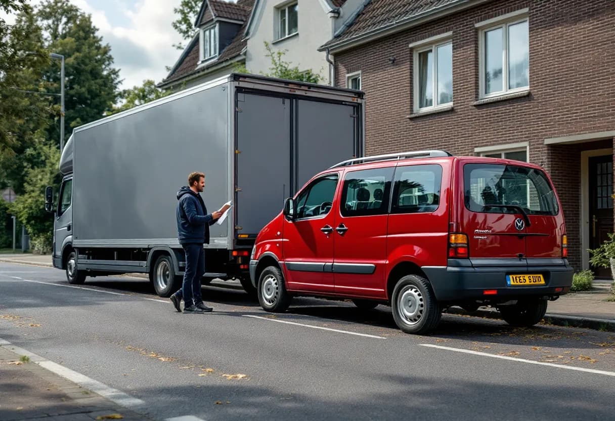 Een grijze sleepwagen van een auto-opkoper laadt een beschadigde rode personenwagen op voor een vrijstaand huis in een Vlaamse straat, terwijl de eigenaar glimlachend de documenten overhandigt aan de chauffeur.
