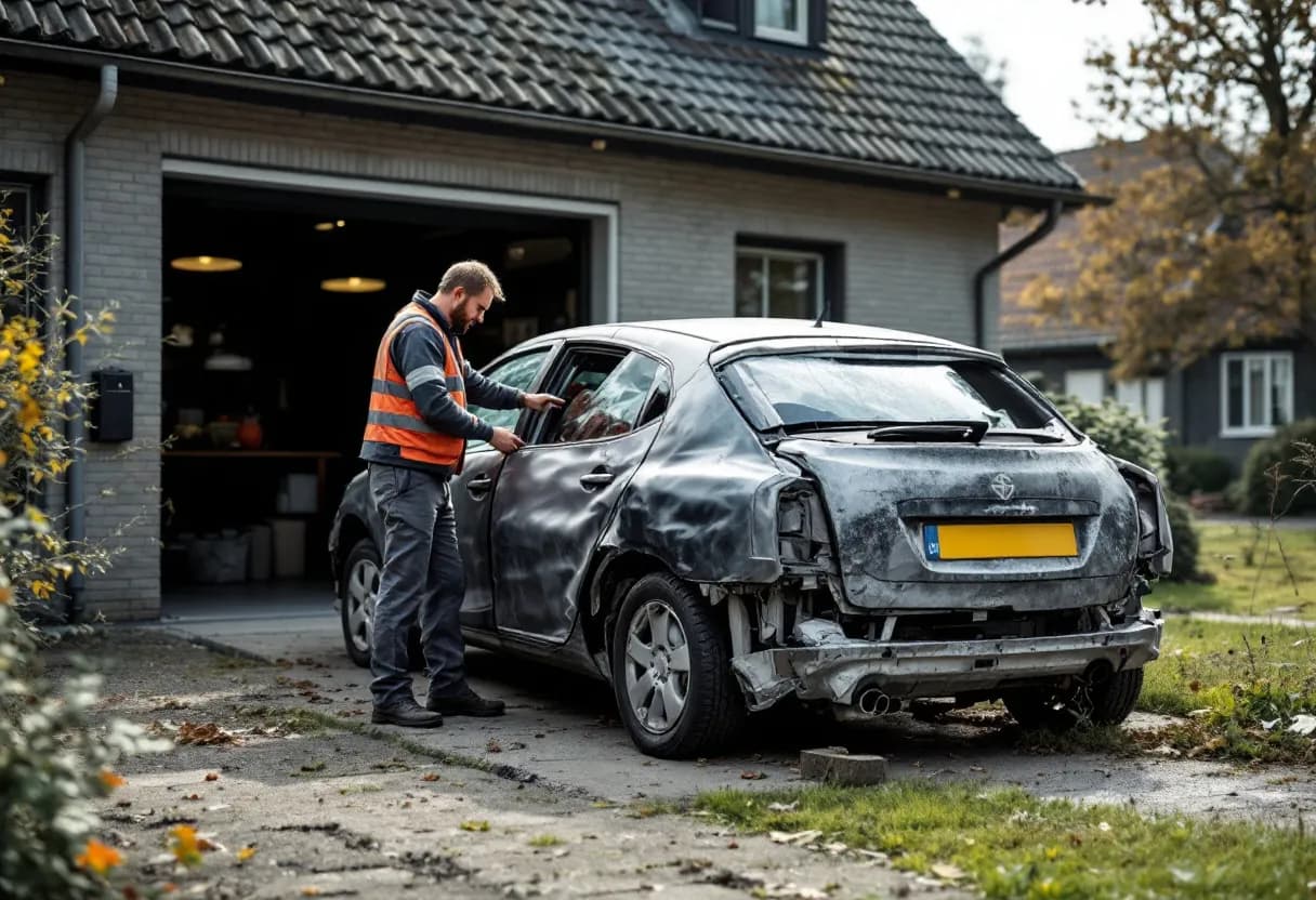 Een beschadigde personenauto met een deuk in de zijkant staat op een oprit voor een woonhuis, terwijl een medewerker van de auto-opkoper het voertuig inspecteert onder een heldere hemel.