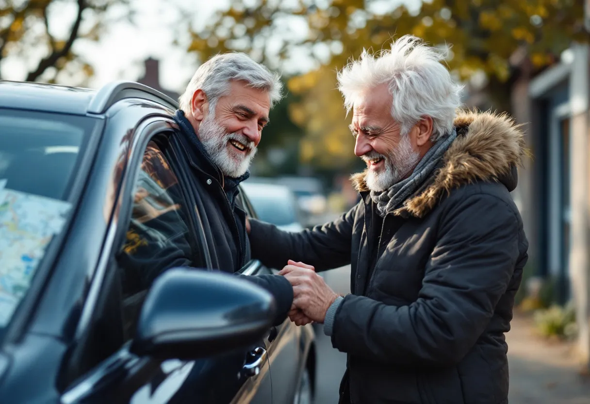 Een glimlachende eigenaar leunt tegen zijn net verkochte zilveren sedan terwijl een vriendelijke opkoper de sleutels aanneemt op een zonovergoten oprit in een Vlaamse woonwijk, met een map papieren op de motorkap.