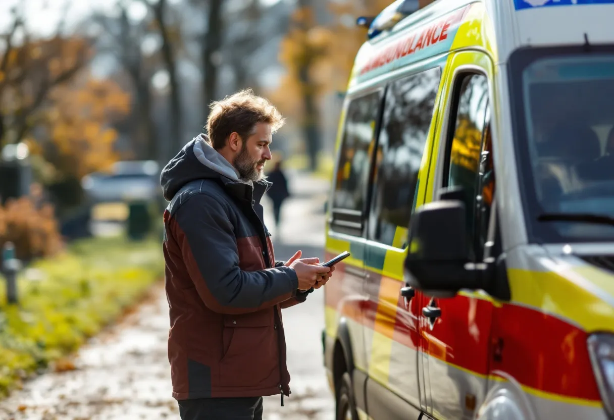 Een glimlachende man geeft de sleutels van zijn auto aan een professionele ophaler, terwijl een lege autoambulance klaarstaat op een zonnige oprit.