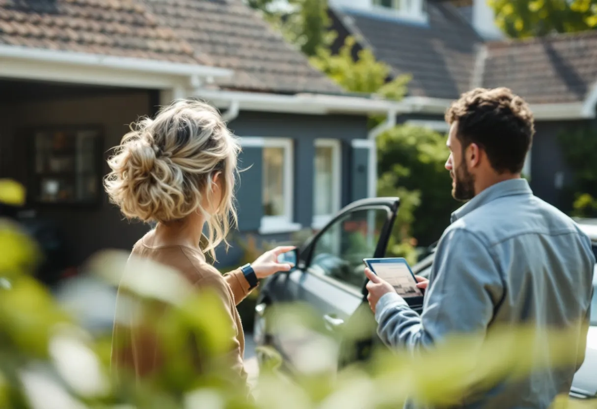 Een grijze auto met een flinke deuk in het portier staat op een oprit van een Vlaams huis, terwijl een taxateur met een tablet de schade bekijkt op een zonnige dag.