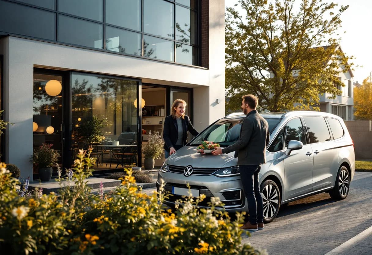 Een zilverkleurige personenauto staat geparkeerd op een oprit van een moderne woning terwijl een vriendelijk ogende opkoper de autosleutel ontvangt van de eigenaar, op een zonnige herfstdag.