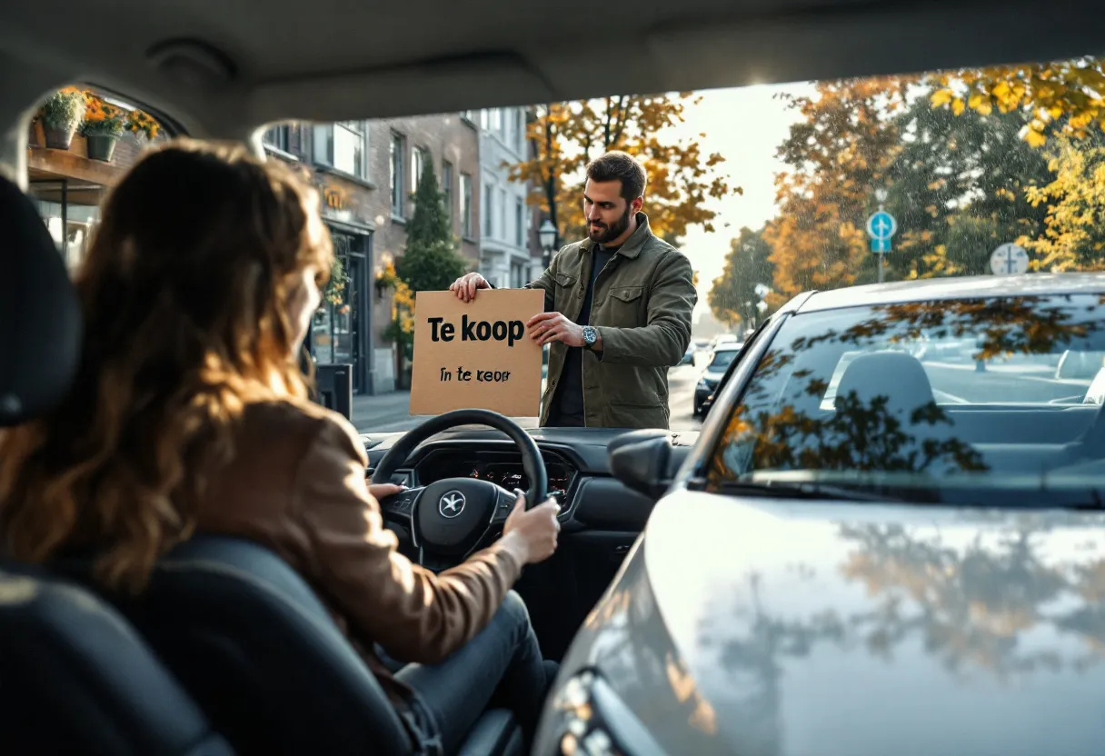 Een fotorealistische scène van een moderne gezinsauto met een 'te koop'-bordje op het dashboard, geparkeerd bij een helder opkoopkantoor met een vriendelijke expert die de auto inspecteert, onder een stralende septemberhemel in een typisch Vlaams straatbeeld.