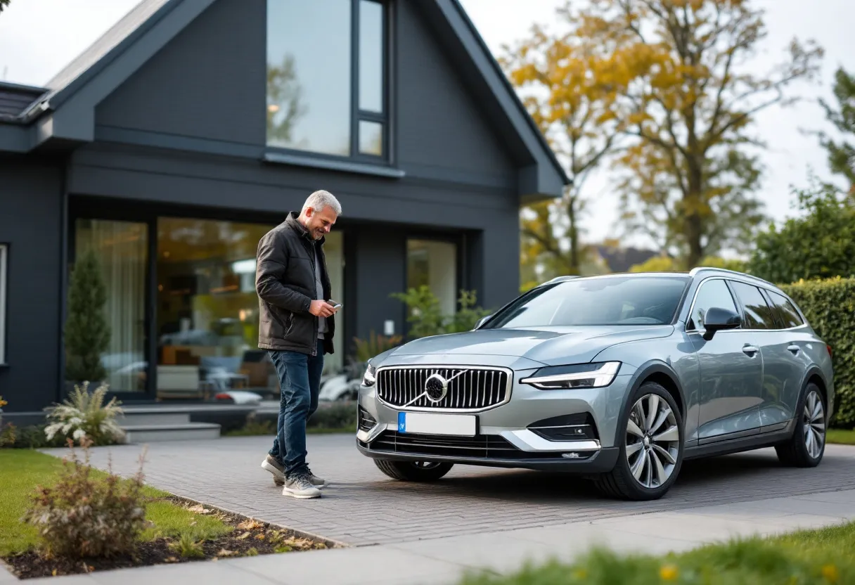 Een vriendelijke opkoper inspecteert een zilvergrijze auto op de oprit van een moderne woning in een groene Vlaamse gemeente, terwijl de eigenaar glimlachend toekijkt met de autosleutels in de hand.