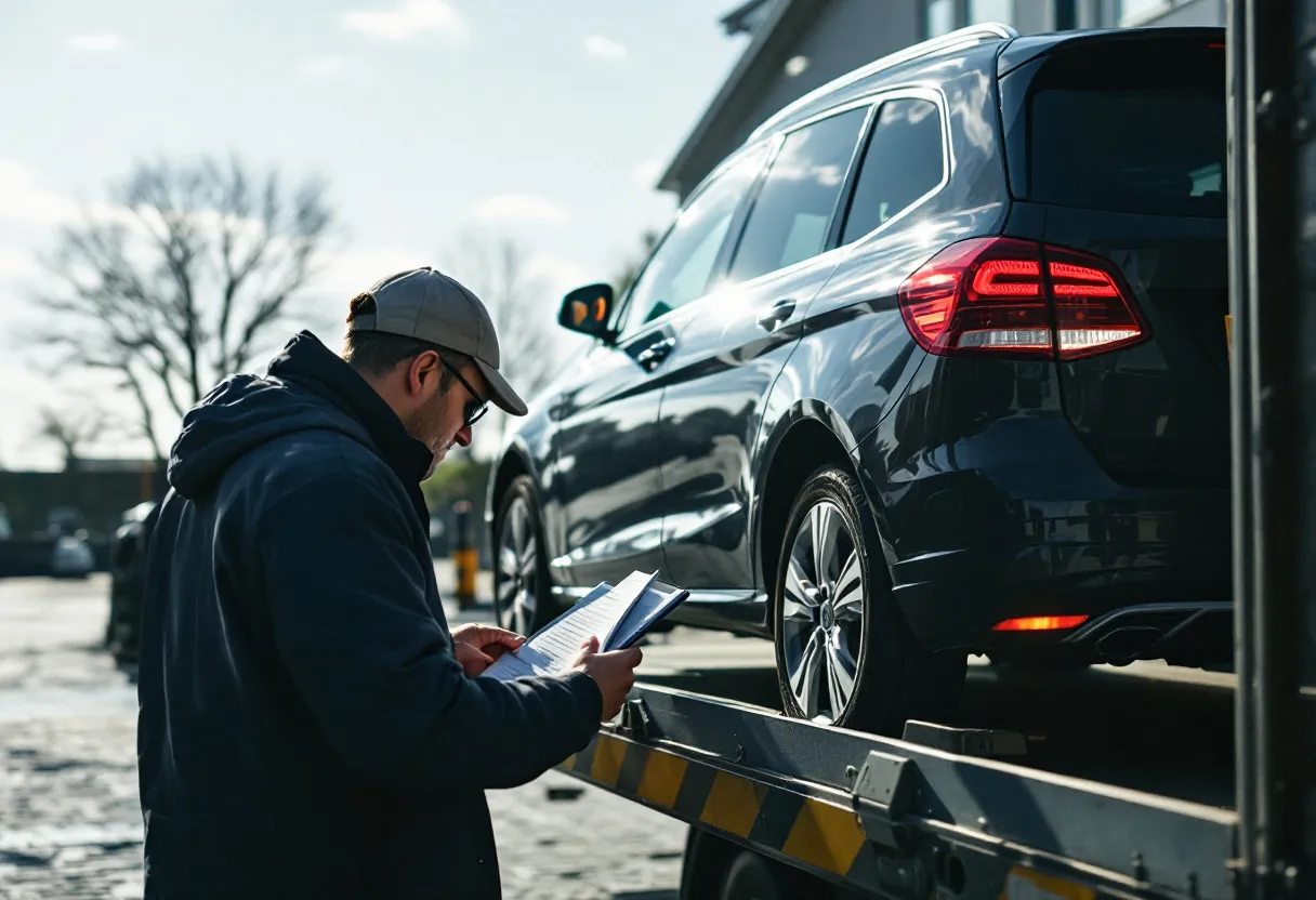 Een personenauto wordt op een oplegger geladen onder een heldere hemel, klaar voor export, met een medewerker die de documenten controleert.