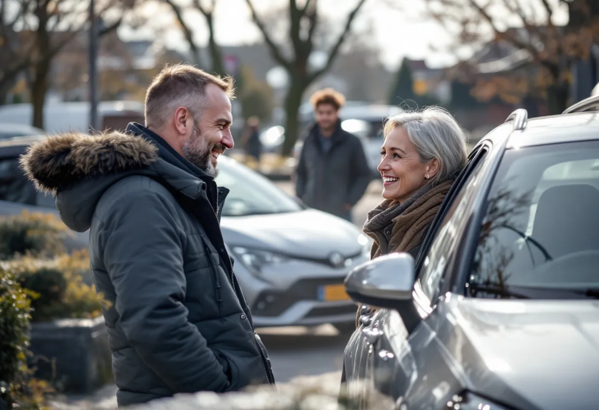 Een tevreden verkoper overhandigt autosleutels aan een vriendelijke opkoper, naast een glanzende zilveren personenwagen op een zonovergoten oprit in een Vlaamse woonwijk.