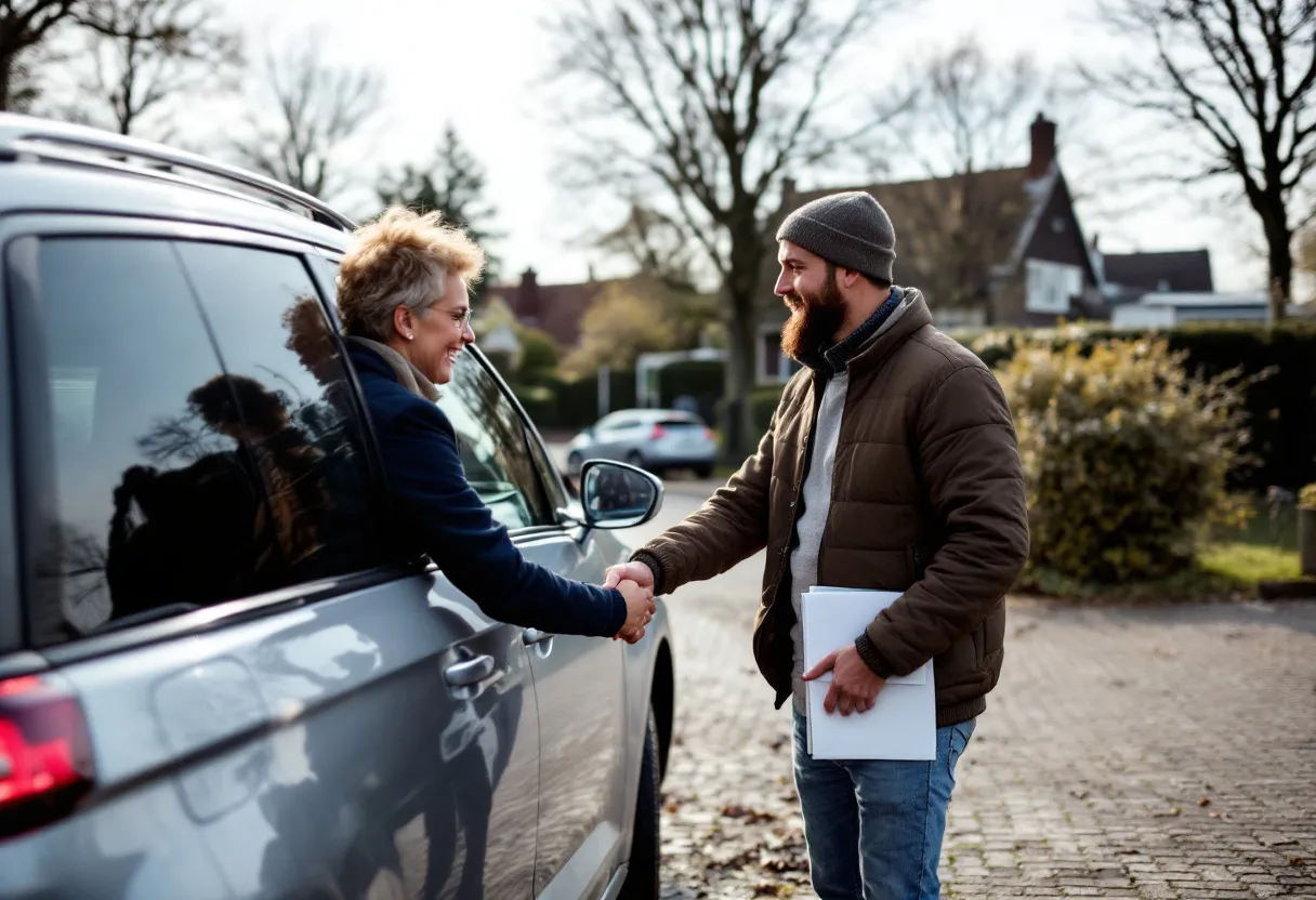 Een handdruk tussen twee mensen naast een zilveren gezinsauto op een oprit, met een envelop met autodocumenten erbij, op een heldere dag in een Vlaamse woonwijk.