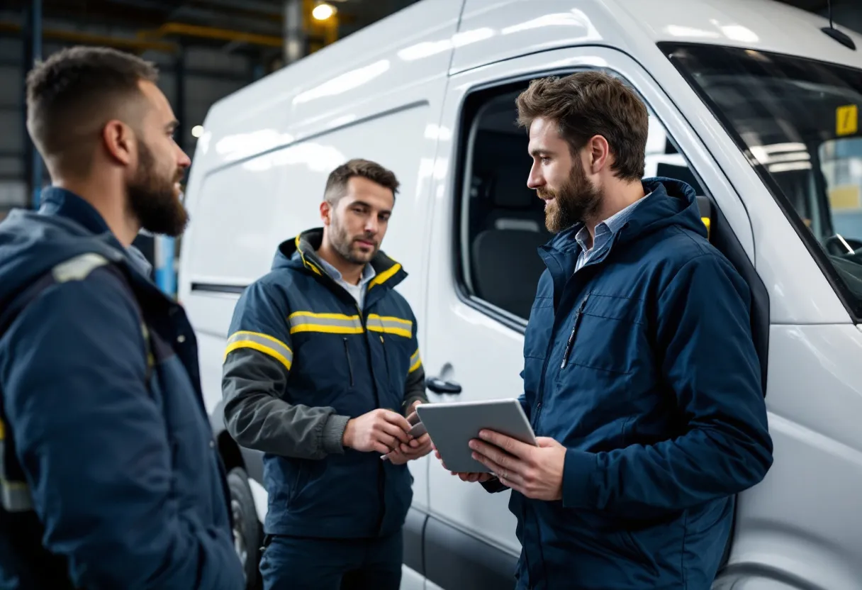 Een glimlachende man in een nette werkplaats overhandigt autosleutels aan een opkoper naast een witte bestelwagen zonder nummerplaat, terwijl een tablet met een digitaal contract klaarligt op de motorkap.