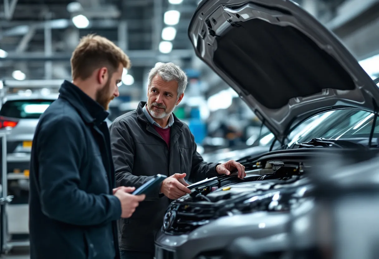 Een verkoper en een inspecteur bekijken de motor van een zilvere personenwagen in een helder verlichte autokeuringshal, met een digitale tablet en documenten op een werkbank.
