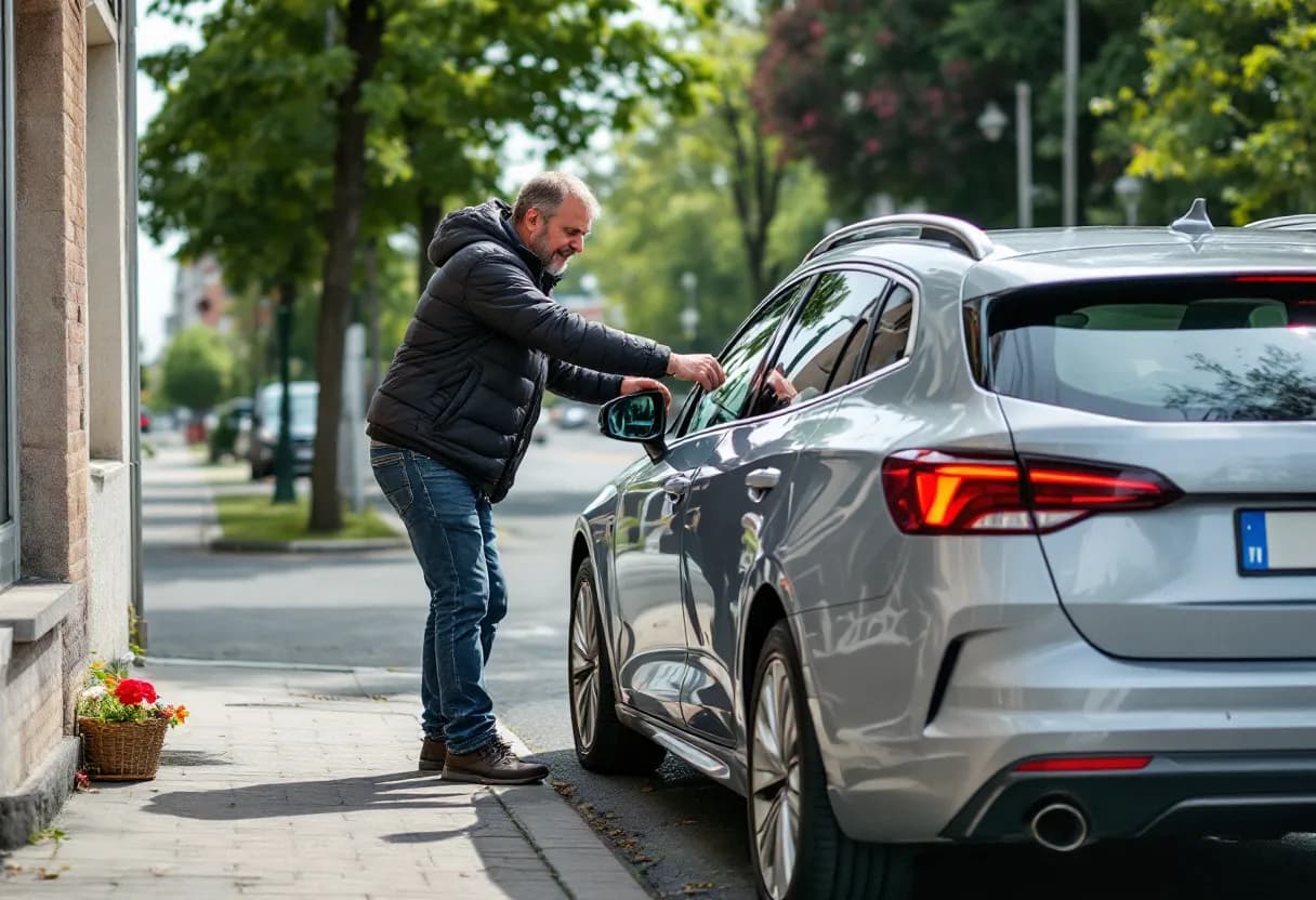 Een man overhandigt de autosleutels aan een opkoper voor een geparkeerde zilvergrijze auto in een Belgische straat op een zonnige dag.