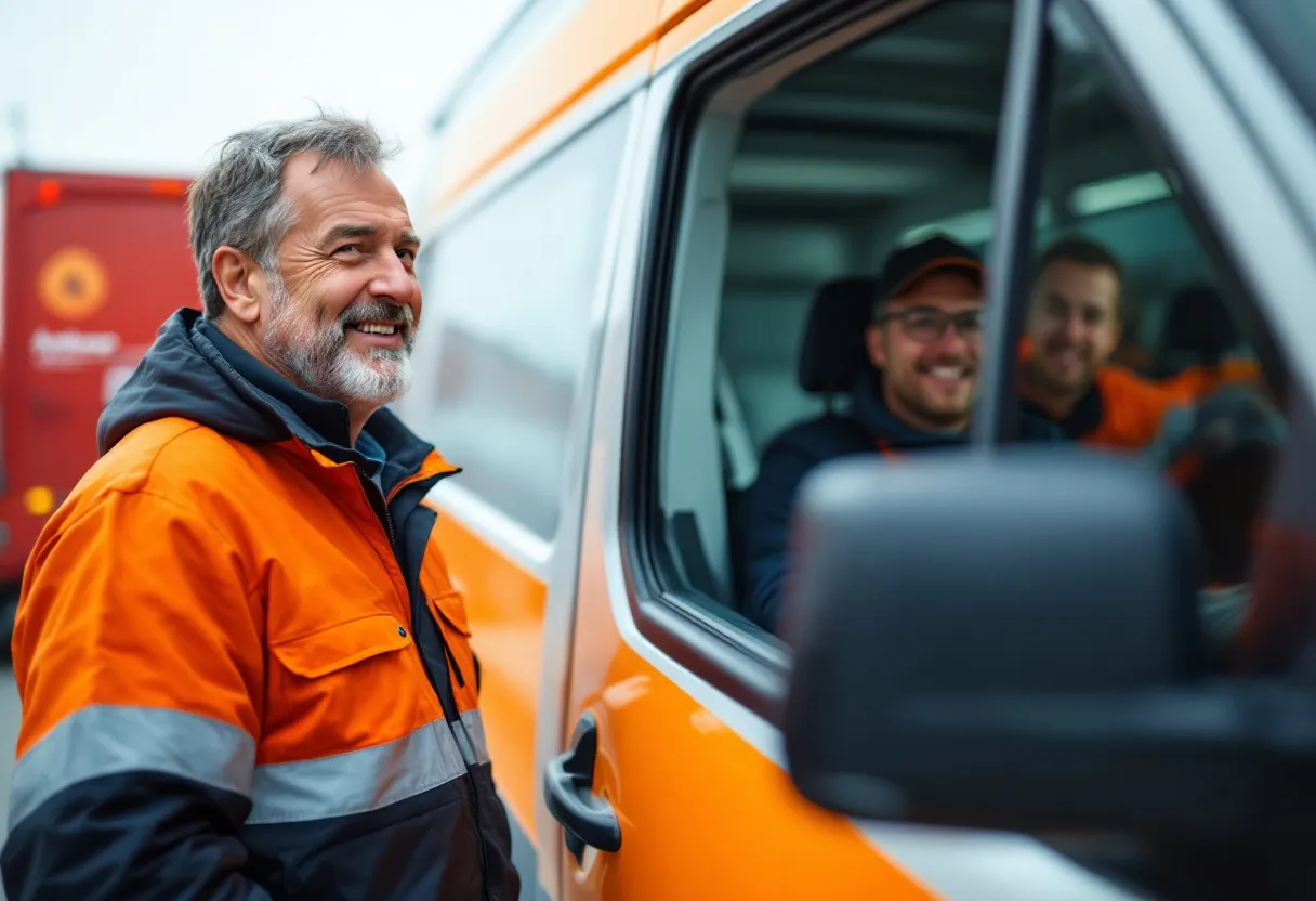 Een realistische foto van een zelfstandige ondernemer die met een tevreden glimlach naast zijn bedrijfswagen staat, terwijl een medewerker van Aankoop Alle Wagens de auto inspecteert op een bedrijventerrein in België.