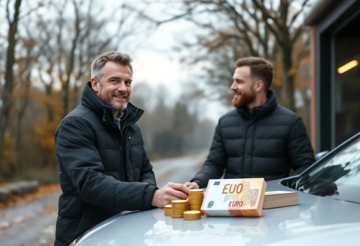 Een glimlachende verkoper overhandigt de autosleutels aan een professionele opkoper voor een moderne garage, terwijl een stapel briefjes van twintig euro op de motorkap van een zilveren auto ligt met op de achtergrond een opener poort en bomen.