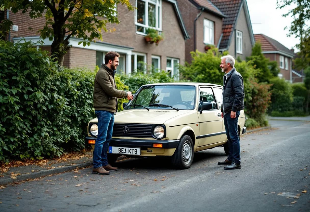 Een verkoper en koper schudden elkaar de hand voor een nette tweedehandsauto met Belgische nummerplaat, geparkeerd voor een woning in een groene straat.