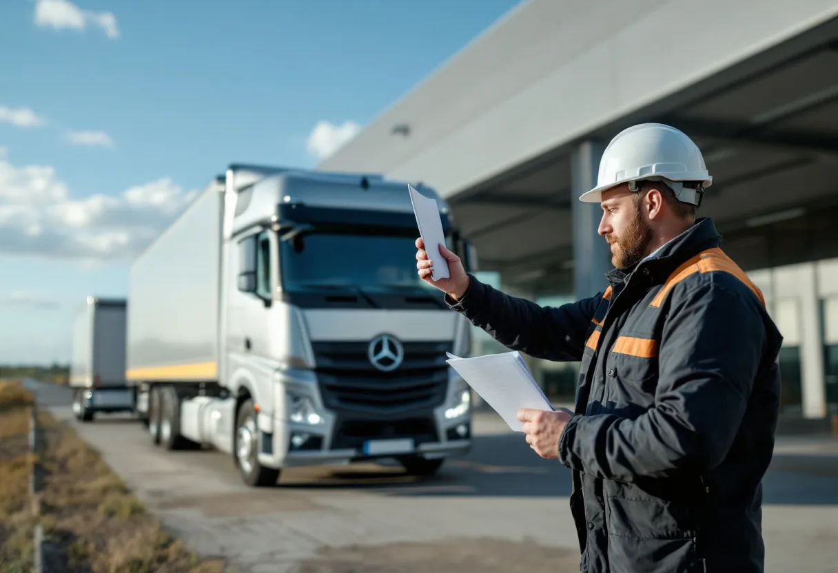Een zilverkleurige personenwagen staat op een klinkerpad voor een moderne loods met een transporttrailer op de achtergrond, terwijl een medewerker in werkkleding een document aan een glimlachende autobezitter overhandigt onder een helderblauwe hemel.