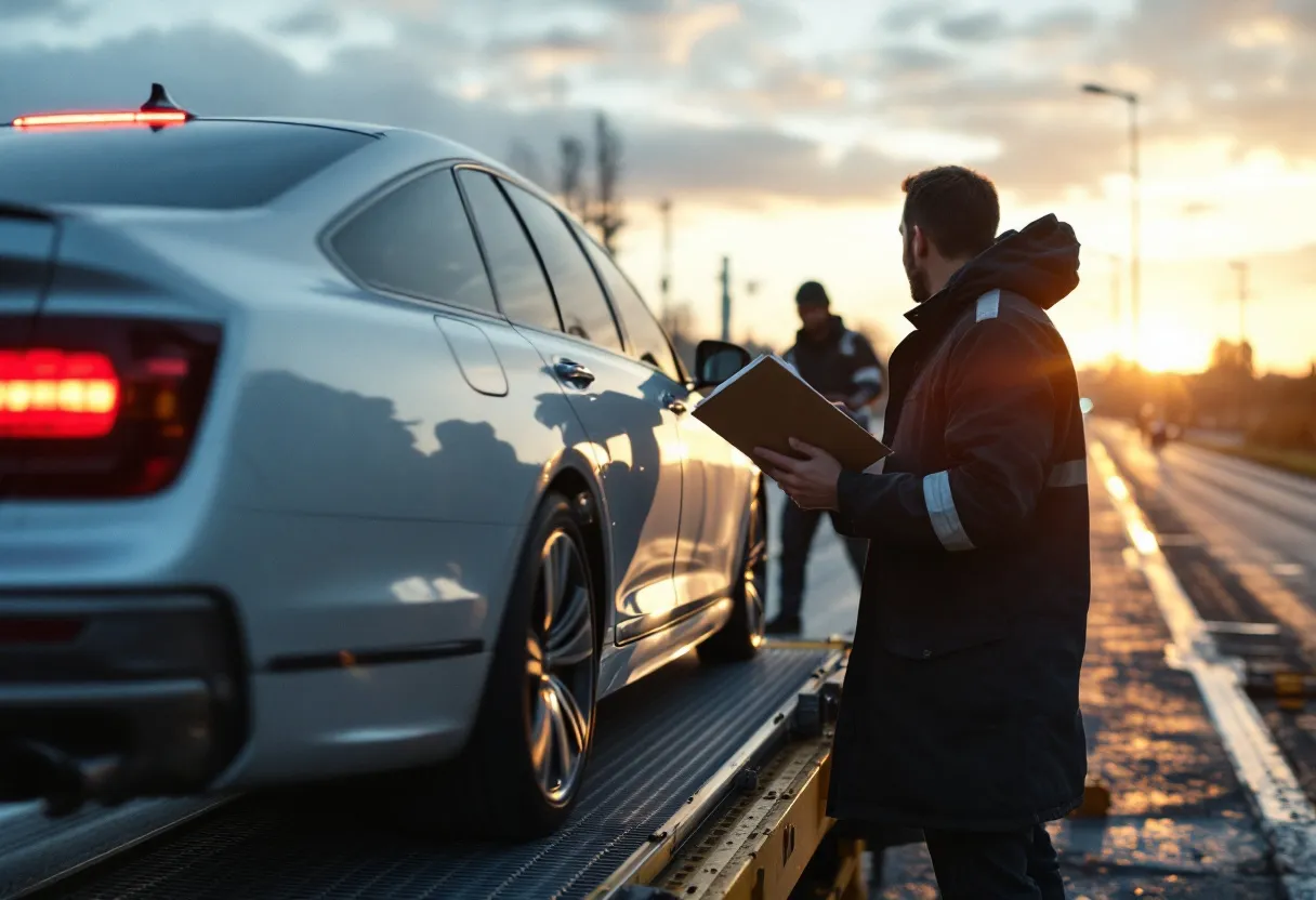 Een zilveren personenauto wordt op een oplegger geladen, een medewerker in reflecterend jasje overhandigt documenten aan de chauffeur, terwijl de zon opkomt boven een Vlaamse industriële zone.