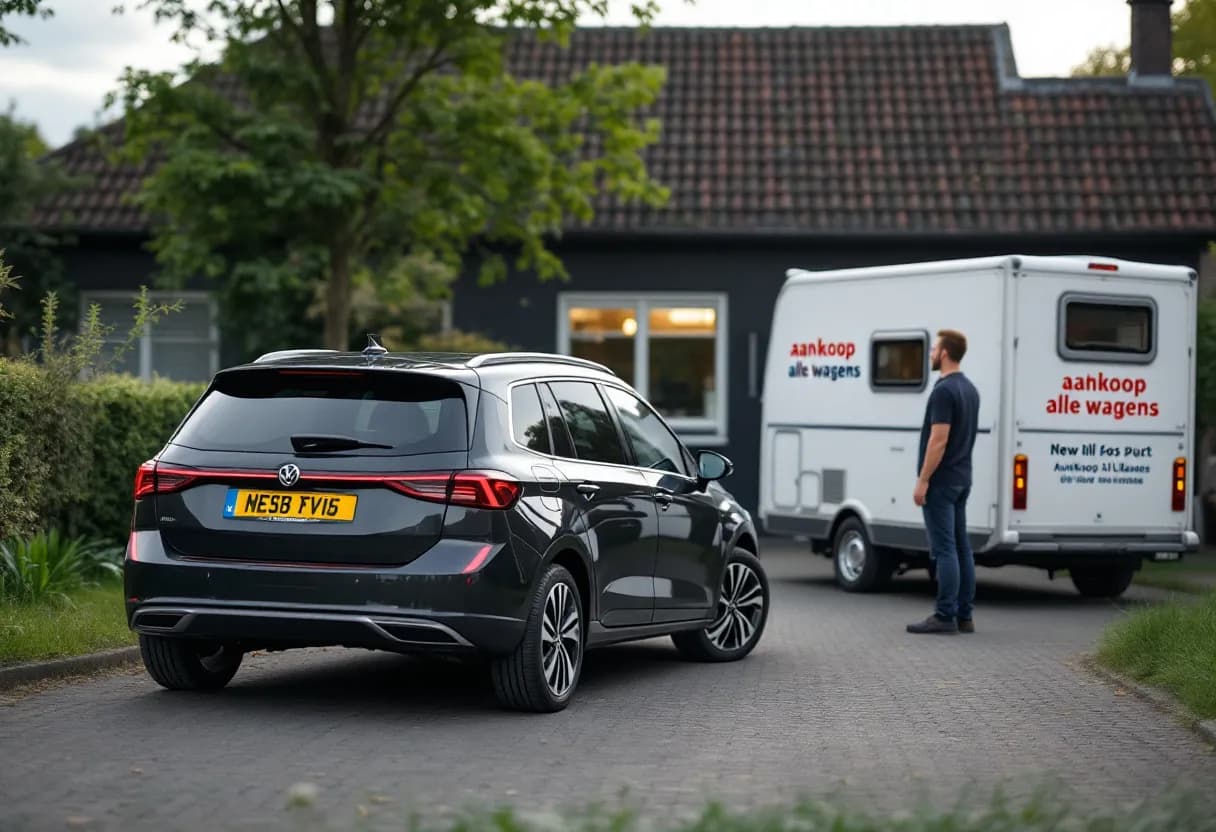 Een familiale hatchback zonder keuring staat geparkeerd voor een typisch Vlaams rijhuis, terwijl de eigenaar de contactsleutel overhandigd aan een medewerker van Aankoop Alle Wagens en een sleepwagen op de achtergrond klaarstaat.