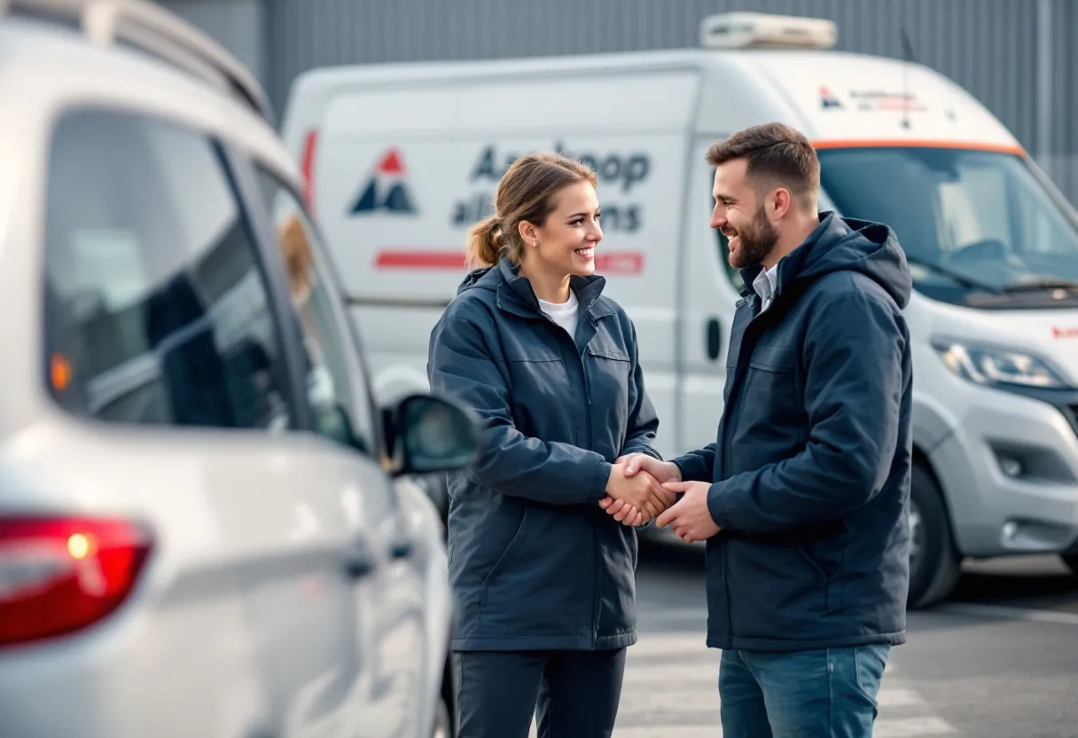 Een vriendelijke autoverkoper overhandigt de sleutels van een zilveren personenwagen aan een medewerker van Aankoop Alle Wagens op een zonnige oprit, terwijl een witte transportwagen met bedrijfslogo op de achtergrond staat.